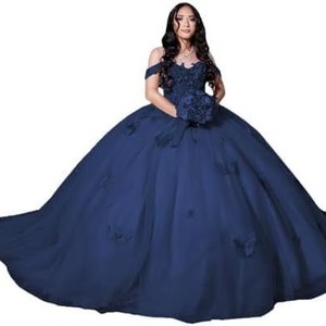 Sky Blue Off The Shoulder Ball Gown With 3D Butterfly Applique Empire Waist Chiffon Evening Dress For Adults - Product Image 5
