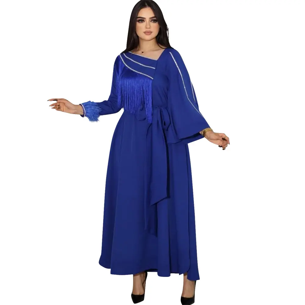 New Fashion Großhandel Langarm Asymmetrischer Ausschnitt Quasten Feder Naher Osten Muslimische Damen kleider