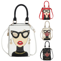 Sac bandoulière tendance en PU pour femme avec motif créatif, fermeture éclair, rivets, lunettes de soleil fantaisie, expression amusante, sacs à main branchés