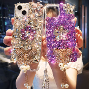 Funda de teléfono hecha a mano con diamantes de mariposa y flores de lujo para iPhone 15 14 13 12 11 Pro Max Bling - Product Image 2