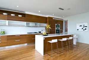 خزانة مطبخ من خشب القشرة المصفح والكوارتز وحجر خشبي من خشب القمح بتصميم أسترالي حديث خزانة مطبخ من خشب ليفي متوسط الكثافة