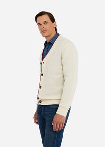 <span class=keywords><strong>Cardigan</strong></span> da Uomo con Collo a V e Bordi Decorativi in Crema con Profili Rossi, Maglione Classico con Bottoni in Fine Misto Cashmere e Cotone per il Moderno - Product Image 3