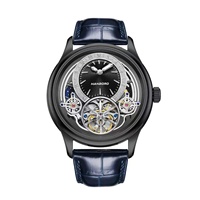 Montre mécanique de luxe pour homme, automatique, à boîtier circulaire noir, cadran squelette ouvert, lunette décorative, bracelet en cuir vert foncé