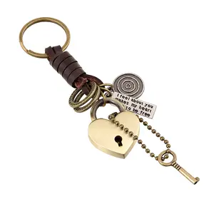 New arrival cute heart lock key shape key chain woven genuine leather keyrings for Couples