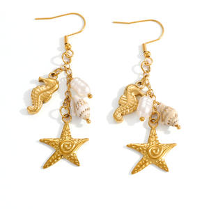 Pendientes Colgantes Chapados en Oro con Estrella de Mar y Caballito de Mar, Estilo Veraniego de Playa con Conchas Naturales, Pendientes de Acero Inoxidable Chapados en Oro de 18k - Product Image 5