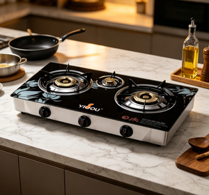 Black Floral Pattern Tempered Glass Triple Burner Gas <strong>Cooktop</strong> with Energy-Saving Feature for Outdoor and Household Use - Product Image 3