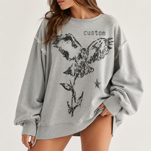 Sweat-shirt surdimensionné personnalisé pour <span class=keywords><strong>femme</strong></span>, col rond, bords bruts, imprimé vintage vieilli, logo personnalisé, streetwear américain, pull en maille - Product Image 1