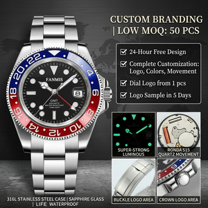 Reloj de Cuarzo para Hombre con Logotipo Personalizado, Bisel Rojo y Azul, Estilo GMT, Brazalete Jubilee de Acero Inoxidable, Resistente al Agua - Product Image 1
