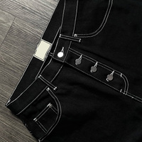 Celana Jeans Hitam Bordir Jaring Laba-laba Heavy Duty dengan Jahitan Kontras, Kancing Rivet, Model Baggy untuk Pria, 100% Katun