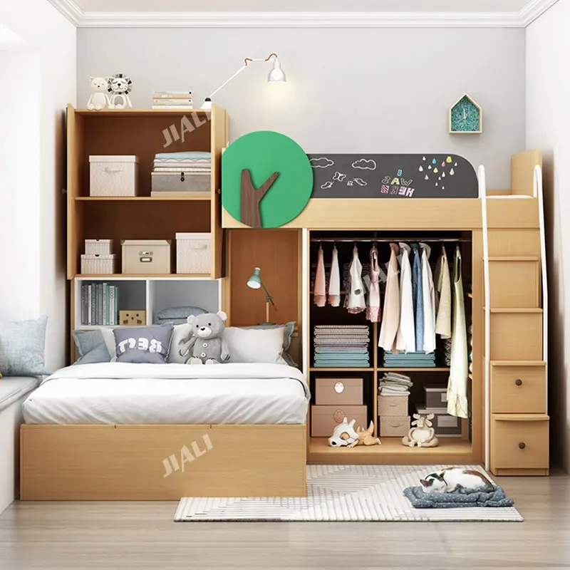 Foshan Factory Furniture Made In China Combined Tree Cartoon Wooden Bedroom Set Kids Children Low Bunk Bed With Stair