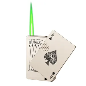 耐用使用低价防风可再填充丁烷定制标志绿色火焰王牌卡扑克形状喷射火炬打火机