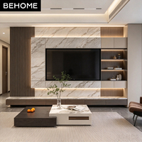 Meuble TV moderne sur mesure avec éclairage LED, panneau en pierre et bois cannelé pour villa, hôtel, appartement, salon