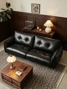 Sofá de Cuero Negro Premium con Mechones, 4 Plazas, con Patas Metálicas, para Sala de Estar Estilo Mid-Century - Product Image 2