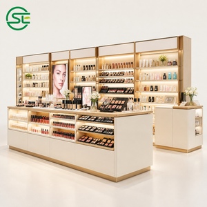 Expositor de Maquillaje Hexagonal Blanco con Estantes Escalonados y Bandejas para Muestras para Tiendas de Cosméticos - Product Image 5