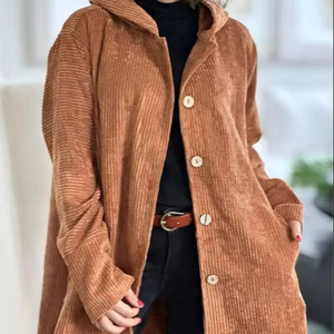 Cardigan à boutonnage simple pour femme, nouveau style, à capuche, coupe ample, en velours côtelé, manteau décontracté pour femme - Product Image 1