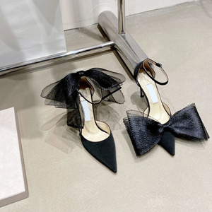 2026 Early Spring Solid Color Satin Asymmetric <b>Bow</b> Super High Heel Women's Pointed Shallow Stiletto Heel Hollow Sexy <b>Sandals</b> - Product Image 2