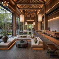 Ensemble de mobilier de style japonais pour hall d'hôtel avec canapé, table basse en pierre, comptoir de réception, banc et buffet pour complexes hôteliers