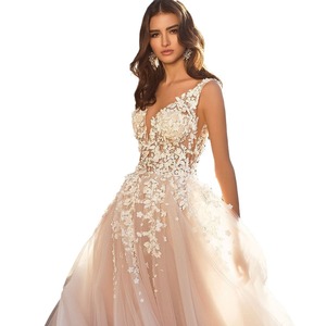 White A-Line Wedding Dress With Embroidery Deep V-Neck Sleeveless Chiffon Natural Waistline - Product Image 5