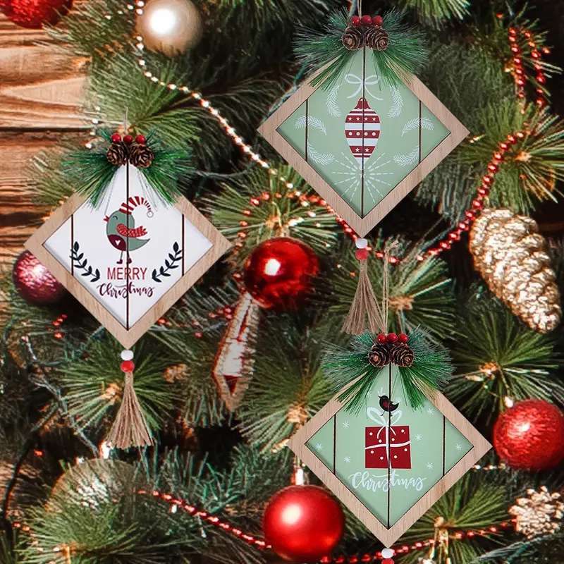 Ромбовидные деревянные картины подвесные украшения Рождественская елка украшения ремесла украшения с деревянными бусинами
