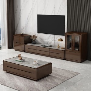 Solid Wood Floor Standing Tv Cabinet And Coffee Table Set Minimalist Living Room Furniture <b>Walnut</b> Color - Product Image 1