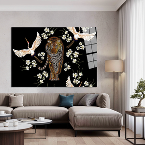 Tableau sur toile imprimé élégant : Tigre majestueux et grues dans un décor japonais, ART SUR VERRE TÉRMÉTRALÉ - Product Image 3