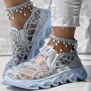 Nouvelles <span class=keywords><strong>baskets</strong></span> décontractées à talon compensé et semelle épaisse pour femme, en maille à sequins, à enfiler, grande taille, pour le commerce transfrontalier - Product Image 4