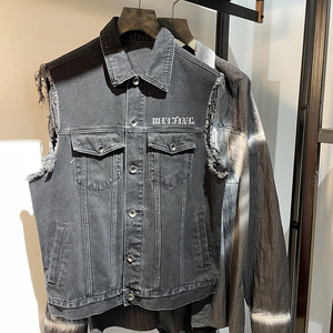 Gilet da Moto in Denim Traspirante <span class=keywords><strong>Nero</strong></span> da <span class=keywords><strong>Uomo</strong></span>, Stile Punk Street Senza Maniche con Risvolto, Lavato, OEM ODM - Product Image 3