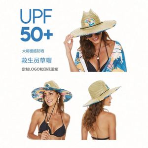 หมวกสานทรงปานามาแบบธรรมชาติสำหรับขายส่ง หมวกฟางสำหรับเล่นเซิร์ฟ ตกปลา หมวกสานสำหรับผู้หญิง หมวกไลฟ์การ์ดพร้อมลายพิมพ์ใต้ปีก - Product Image 2