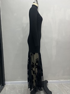 <span class=keywords><strong>Robe</strong></span> longue élégante <span class=keywords><strong>noire</strong></span> vintage à <span class=keywords><strong>col</strong></span> montant, tricot floral, manches longues en maille, <span class=keywords><strong>robe</strong></span> de soirée pour le printemps et l'été - Product Image 5