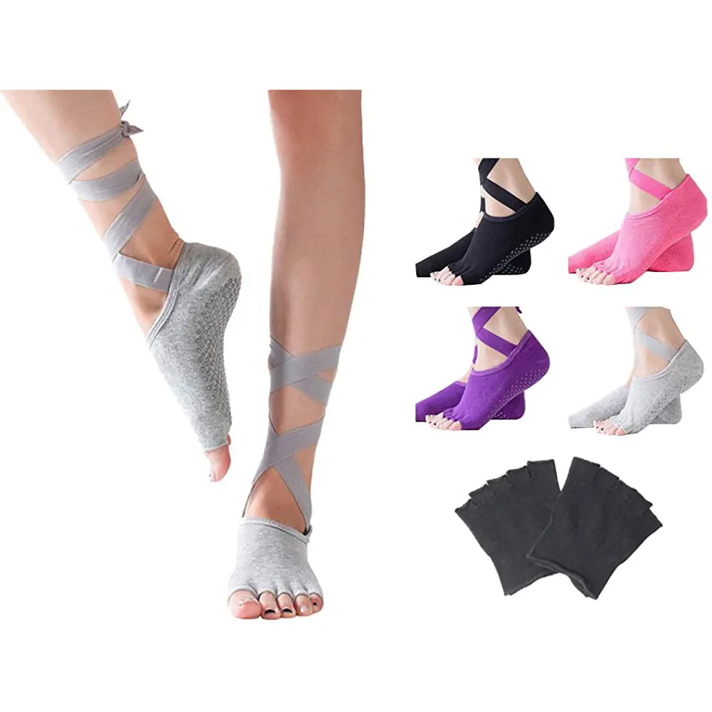Özel Logo yüksek kaliteli uzun askılı kadın silikon elastik bale tabanı profesyonel yarım ayak kavrama çorap Yoga çorap
