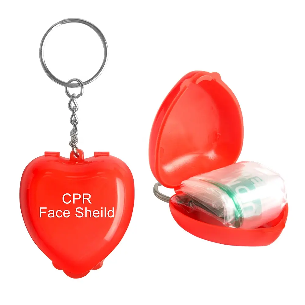 Pronto soccorso in plastica cuore scatola di addestramento di emergenza di salvataggio popolare di vendita all'ingrosso prezzo CPR maschera portachiavi con logo personalizzato