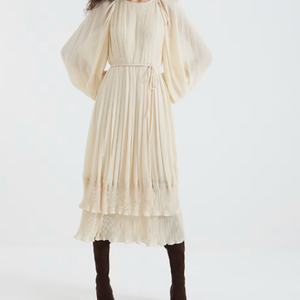 Vestido Midi de Manga Larga con Pliegues, Cuello Cuadrado y Cintura Elástica, Estilo Bohemio Informal para Primavera Verano - Product Image 3