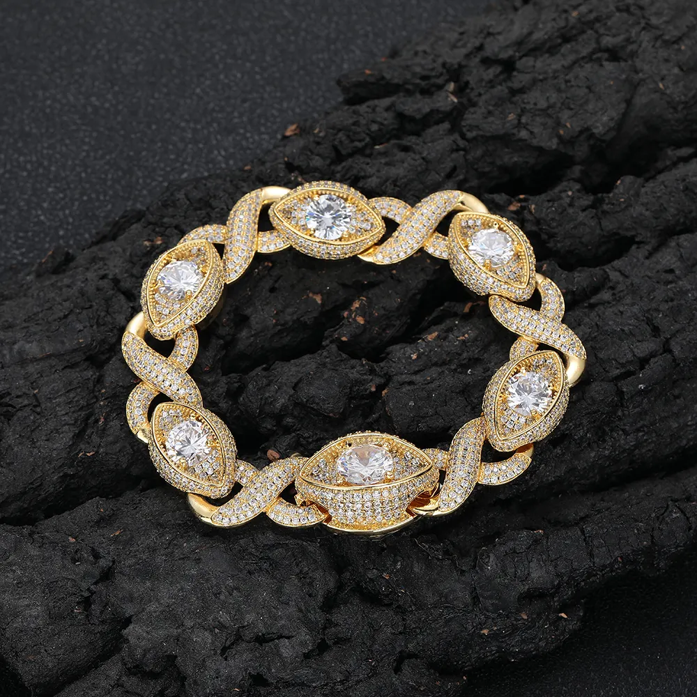 Pulseira de elo cubano banhado a ouro 18K com diamantes e zircônias, pulseira de elo cubano para mulheres, joia fina com desenho em forma de olho de 15 mm