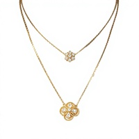 Collier superposé tendance en or massif 18k 14k 10k 9k pour mariage et soirée, avec pendentif fleur délicat et trèfle serti de diamants, double chaîne maille tennis