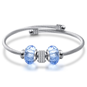 Diamond <b>Bracelet</b> For Women 14Mm Stainless Steel Cable With Blue Crystal <b>Beads</b> And Diamond Encrusted Center <b>Charm</b> Everyday Wear - Product Image 1