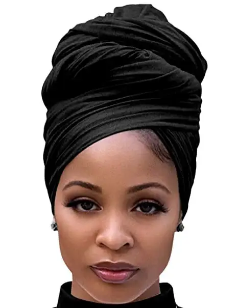 Black Hair Wrap for Women Long Stretch Jersey Head Scarf Summer Breathable Lightweight Turban