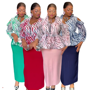J0756 Robes Africaines Tendance pour Femmes – Ensemble Décontracté et Élégant 2 Pièces avec Manches Longues Illusion et Col en V, Imprimé Africain – Robe de Bureau pour Dames - Product Image 1