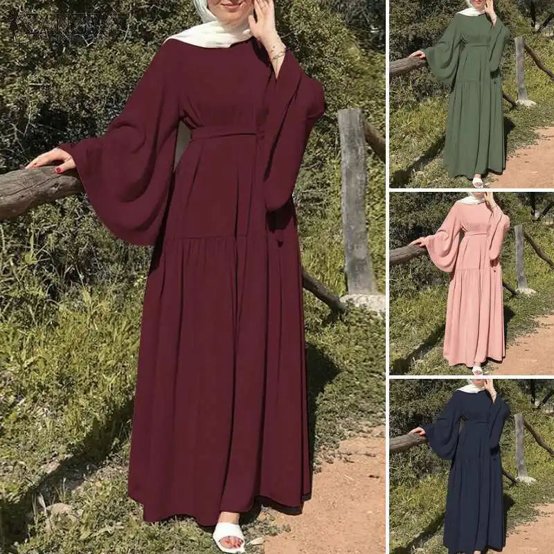 2024 nuova donna musulmana stile per il tempo libero maniche grande Swing abito lungo con cintura