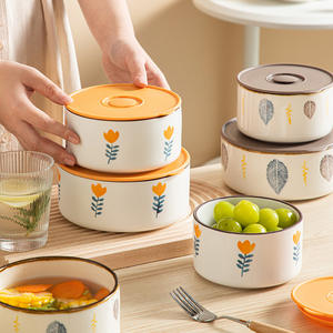 Set di Tre Ciotole <span class=keywords><strong>in</strong></span> Ceramica Design Bohémien Ecologiche per Conservazione Alimenti Adatte al <span class=keywords><strong>Microonde</strong></span> e al Frigorifero con Coperchio Ermetico - Product Image 3