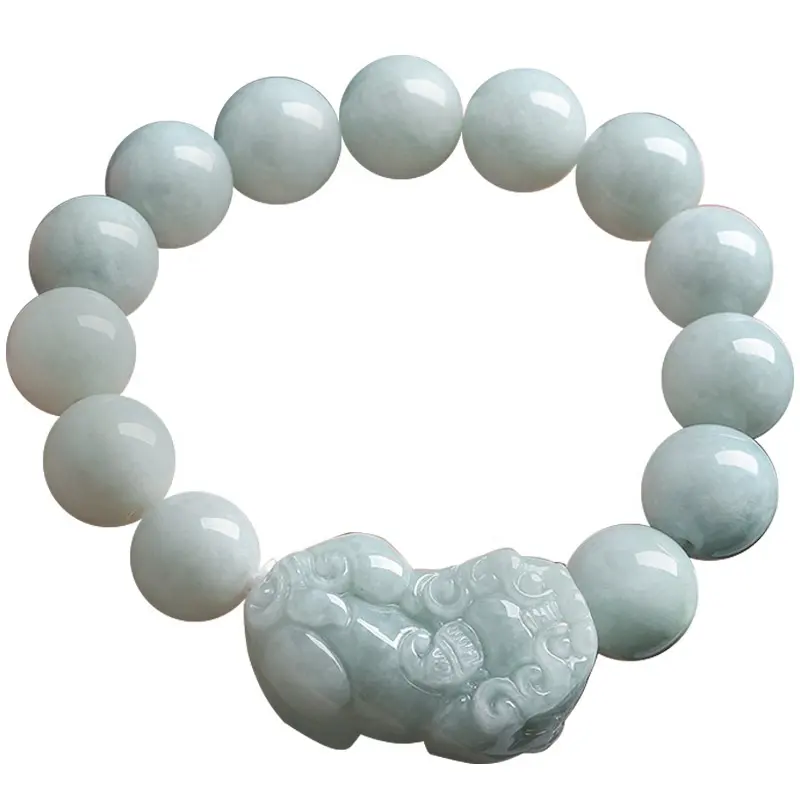 ธรรมชาติหยกพม่าสีเขียว Jadeite ลูกปัดหินสร้อยข้อมือผู้หญิงกําไลข้อมือโดนัท Charm เงินกระเป๋าปี่เซียะ Piyao