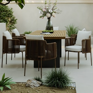 Set <span class=keywords><strong>da</strong></span> Pranzo Moderno per Esterni, Arredamento <span class=keywords><strong>da</strong></span> Patio con Tavolo in Legno di Teak Naturale e Sedie in Corda Intrecciata Nera, per Hotel e Resort - Product Image 4