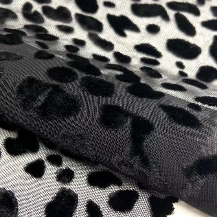 Высококачественная выгорающая 80% искусственная 20% нейлоновая трикотажная черная бархатная сетка с леопардовым узором выгорающая ткань для блузки