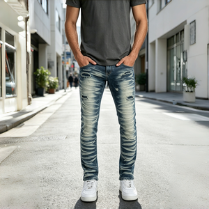 Jeans ajustados vintage para hombre, lavados, rasgados, con efecto apilado, arrugados, desgastados, de mezclilla, estilo urbano, hip hop - Product Image 1