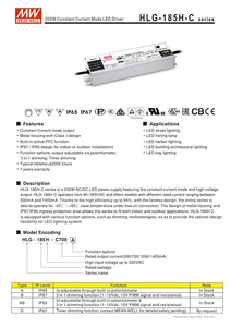 MEAN WELL HLG-185H-C700A 94% Eficiencia Controlador <span class=keywords><strong>LED</strong></span> de Corriente Constante de <span class=keywords><strong>200W</strong></span>, 143-286V, Ajustable, Impermeable IP67, para Iluminación <span class=keywords><strong>LED</strong></span> - Product Image 3