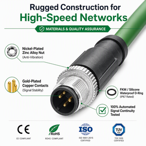 <span class=keywords><strong>Cable</strong></span> Ethernet Industrial M12 con Codificación D de 4 Pines a Extremo Abierto, <span class=keywords><strong>Cable</strong></span> CAT5E SFTP Apantallado Verde PUR Profinet para Sensor PLC - Product Image 3