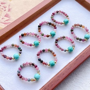 <span class=keywords><strong>Bague</strong></span> extensible pour femme en perles de pierres semi-précieuses turquoise et tourmaline arc-en-ciel, forme baril grande taille - Product Image 6