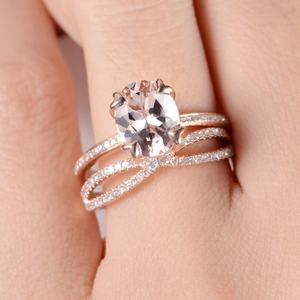 Anillo de Boda de Plata de Ley 925 con Halo de Morganita y Circonitas, Conjuntos de Anillos de Morganita - Product Image 1