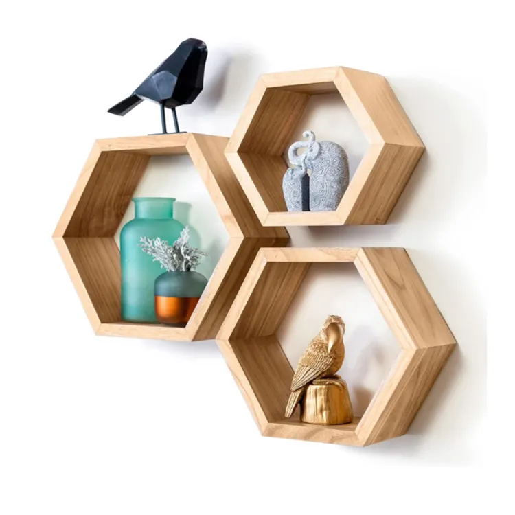 Set of 3 Wood Honeycomb Shelves Hexagon Floating Shelves wooden wall shelf for Home and Office
