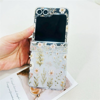 Coque de téléphone transparente à imprimé floral marguerite style vintage pour Samsung Galaxy Z Flip 7-3 avec sangle perlée en cristal beige – Housse de protection
