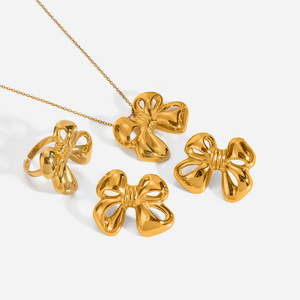 Stainless Steel Bowknot Jewelry <b>Set</b> For Women Gift Fashion Necklace Earrings <b>Ring</b> <b>Gold</b> Color - Product Image 1